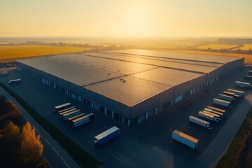 Aerial perspective of a spacious modern warehouse with truck parking amidst sunny fields