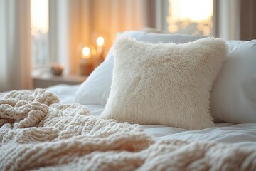 Wall Mural - serene closeup of plush white pillow on rumpled bedding soft natural light highlights subtle textures creating inviting atmosphere of comfort and relaxation