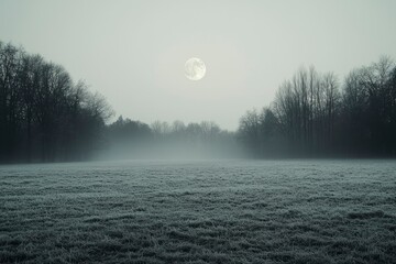 Wall Mural - Frosted Field with Full Moon and Silhouetted Trees