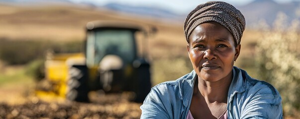 Female farmer is sitting on her farm with her tractor in the background