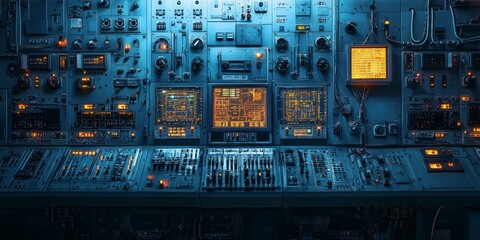 Blue control panel with glowing buttons and screens.