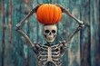 © Daria - A colorful cartoon skeleton holding an orange pumpkin head in a misty halloween scene