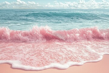 Wall Mural - Pink Ocean Wave Crashing on a Sandy Beach