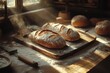 © Boinah - Freshly baked loaves of bread on a wooden board in a sunlit kitchen.