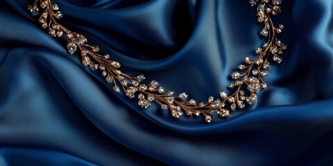 Wall Mural - Diamond necklace on blue silk fabric.