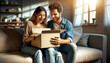 © zamuruev - A couple experiences joy while unboxing a delivery together in their comfortable living room, illuminated by warm golden sunlight in the late afternoon