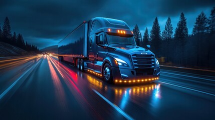 A semi-truck speeding on a dark highway at night, surrounded by vibrant light trails of blue, red, and yellow, creating a sense of motion and energy.