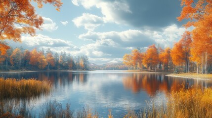 Canvas Print - Autumnal Reflections in a Tranquil Lake