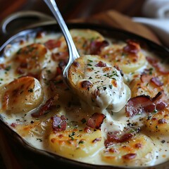 Wall Mural - araffy dish of potatoes with cheese and bacon in a pan