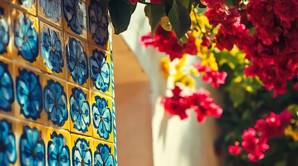 Wall Mural - brightly colored tiles are arranged on a wall with red flowers