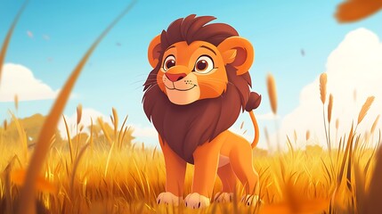 Canvas Print - cartoon lion sitting in a field of tall grass with a blue sky in the background