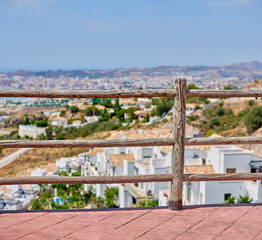 Wall Mural - Panoramic, view point and city with architecture, skyline and coastal town in Spain with houses and sea. Development, holiday and vacation destination with marina in Europe with village and travel