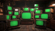 © Duaa - artistic 3d rendered composition stack old classic television with green screen monitors random positions in empty room dynamic composition cinematic lighting video element chroma key video element