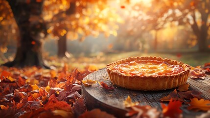 Pumpkin pie on a rustic table, surrounded by autumn leaves, warm and inviting scene