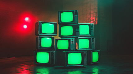 3d rendered stack of classical old televisions, aged green screen tv monitors, panorama vintage chro