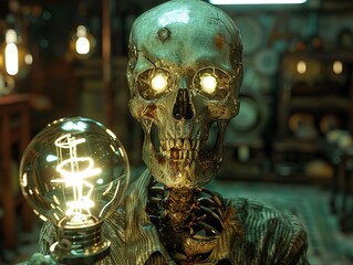 Wall Mural - Glowing Skull with Lightbulb - A Surreal and Eerie Artwork