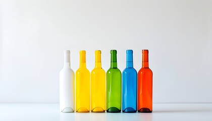 Wall Mural - Vibrant display of colorful bottles in white, yellow, blue, green, and orange against a pristine white background