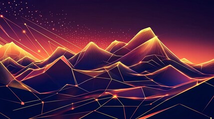 Abstract glowing mountain range with geometric lines and glowing dots in a red and black gradient.