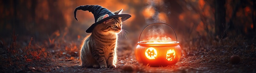 Adorable cat wearing a witch hat, next to a glowing pumpkin, creating a magical Halloween atmosphere in a serene forest.