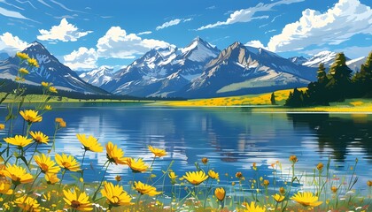 Wall Mural - Serene lake under a bright sun with yellow wildflowers in the foreground and majestic mountains rising in the background.