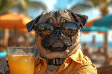 Wall Mural - sophisticated pug lounging in retrochic attire sipping tropical cocktail on vibrant beach sunlit scene with palm trees turquoise waters and colorful umbrellas in background