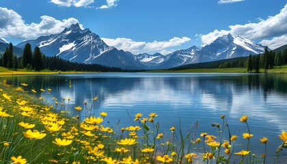 Wall Mural - Serene lake under a bright sun with yellow wildflowers in the foreground and majestic mountains rising in the background.