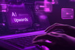 © boyhey - Close-up of hands typing on a futuristic-looking laptop. The words AI Upwards are prominently displayed on the screen, surrounded by holographic-style interface elements