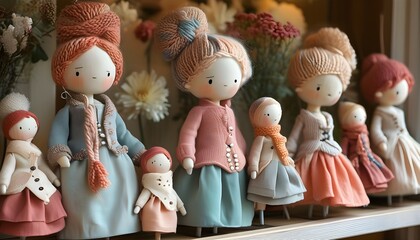 Heartwarming display of lovingly crocheted dolls in soft hues, showcasing intricate details and tender expressions, radiating warmth and craftsmanship.