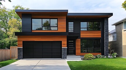 Wall Mural - Modern two-story house with large windows, a black garage door, and wood accents