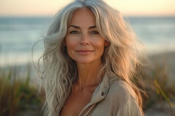 sunkissed beach portrait radiant mature woman windswept silver hair genuine smile golden hour glow ocean backdrop casual linen attire joy and contentment emanate from her relaxed posture