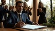 © Manchuporn - A confident man signs a document while colleagues applaud, showcasing teamwork and achievement in a modern office setting.