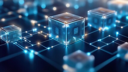 Futuristic technology concept showcasing glowing abstract blocks connected in a digital network, representing innovation and connectivity.