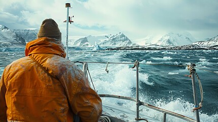 Poster - A Boat Navigates Through Icy Waters and Majestic Mountains