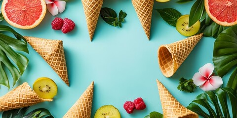 Wall Mural - Tropical fruit, waffle cones, and green leaves on turquoise background.