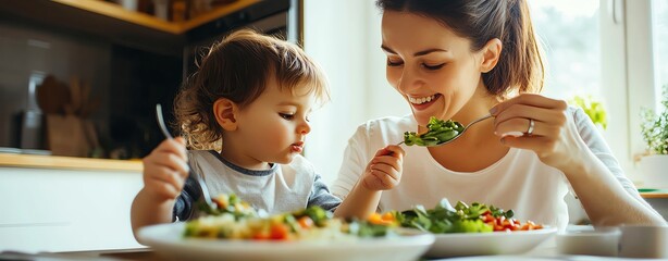 A joyful mother shares a healthy meal with her curious toddler, emphasizing the joy of eating together and nurturing habits.