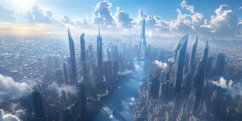 Wall Mural - Futuristic city with skyscrapers and clouds.