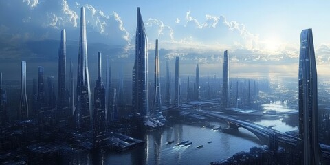 Wall Mural - Futuristic city with skyscrapers and water.