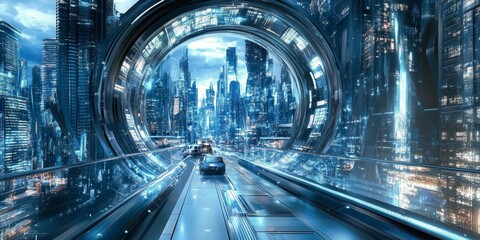 Wall Mural - Futuristic city street with a futuristic car.