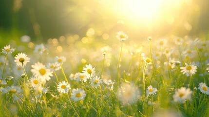 Beautiful chamomiles in full bloom on a sunny green meadow with a bokeh background