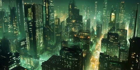 Wall Mural - Nighttime cityscape with glowing green windows.