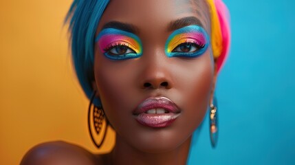 Wall Mural - Beautiful black woman with straight colorful hair, style makeup and contemporary eye-catching resin jewelry 