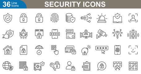 Wall Mural - security icons set. lock, shield, firewall, key, encryption, fingerprint, password, virus, protectio