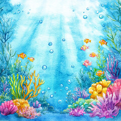 Colorful Watercolor Underwater Scene with Coral Reefs and Tropical Fish