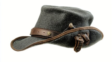 Vintage gray felt cowboy hat with brown leather band and chin strap, isolated on white background. Classic Western headwear with rugged charm.