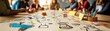 © fair - Creative brainstorming session with diverse people discussing ideas over a table filled with sketches and colorful stationery.