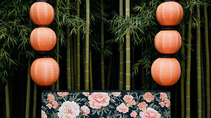 Canvas Print - Japanese Garden with Floral Pattern and Lanterns for Your Design Projects