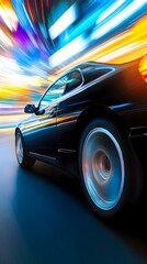 A dynamic shot of a car in motion with blurred background and vibrant light colors