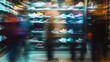 © Maria Mikhaylichenko - Blurred motion captures the hustle of shoppers passing a vibrant sneaker display, showcasing a colorful array of trendy footwear in a dynamic retail environment.