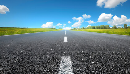 Asphalt highway road and green forest with mountain natural landscape under blue sky