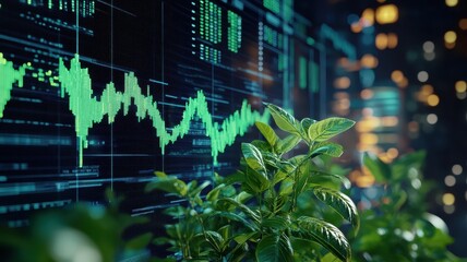 Wall Mural - Eco-Capitalism Concept: Green Plants with Stock Market Data in the Background Representing Sustainable Investment